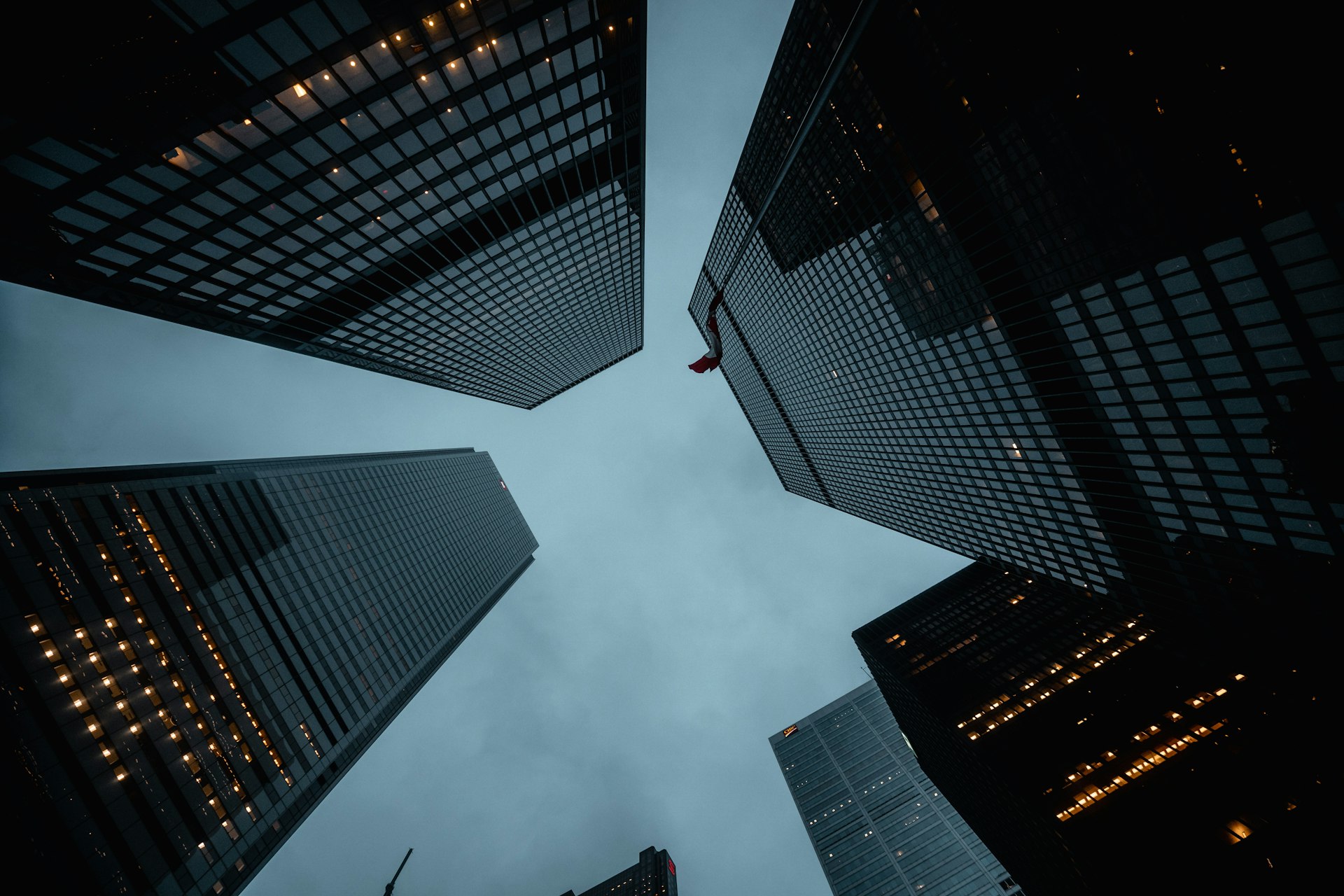 Glass towers seen straight up from the street, catching the first light