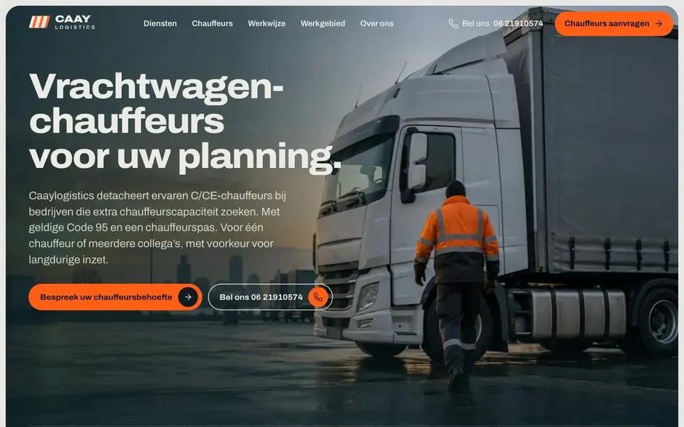 Websitebeeld van Caaylogistics, chauffeursdetachering vanuit Amsterdam