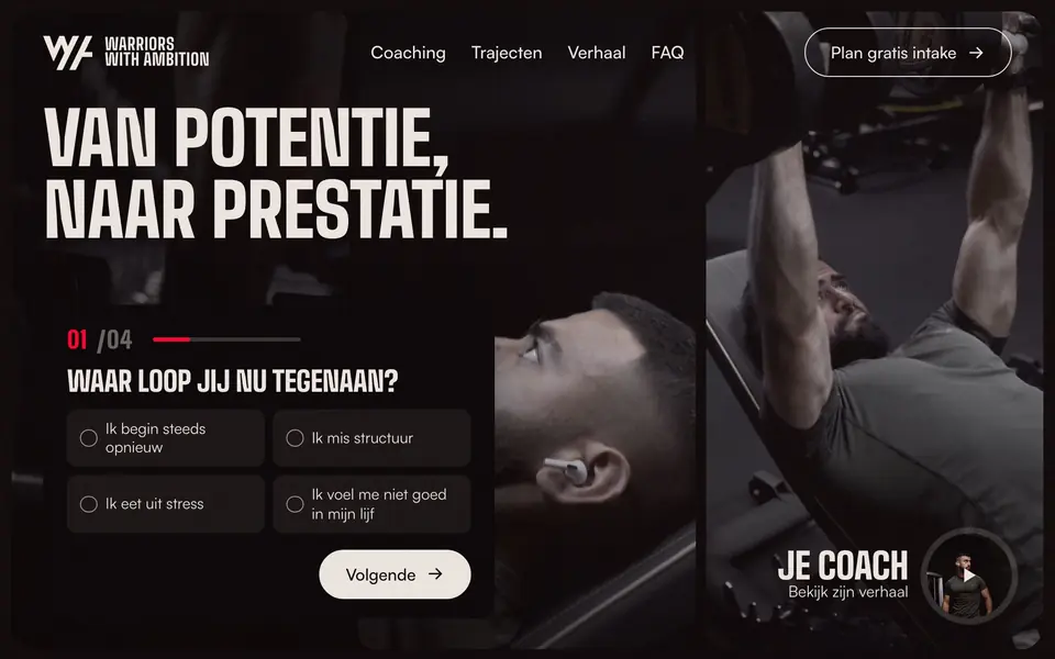 Startseite der Website von Warriors With Ambition mit der Überschrift Van potentie, naar prestatie und der Anfrage in vier Schritten