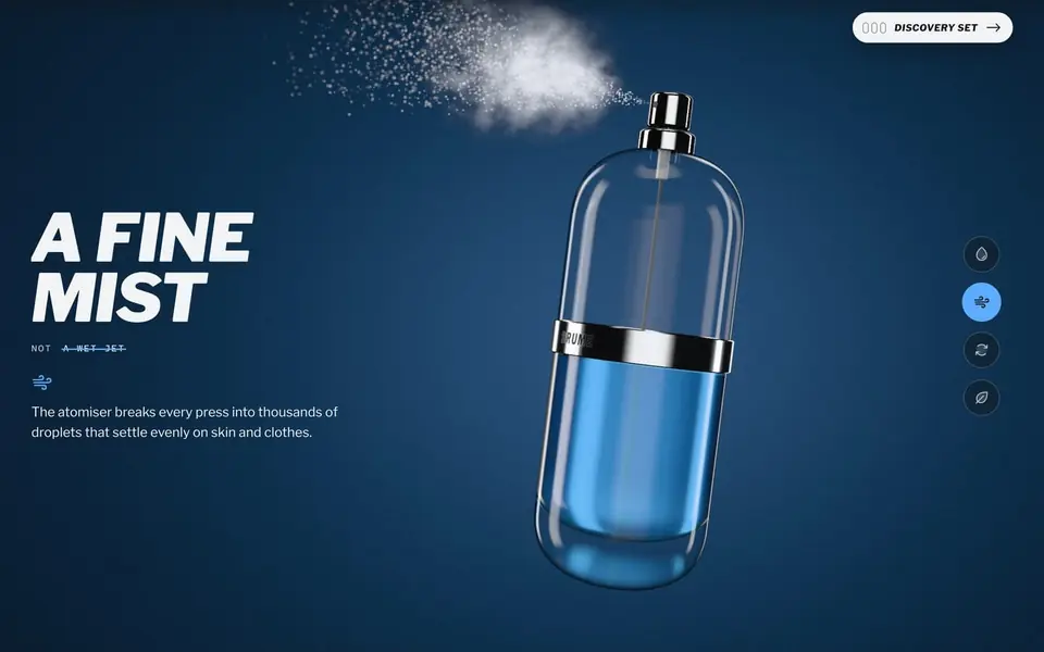 Een blauwe BRUME-capsule die een wolk mist sproeit, naast de kop A fine mist