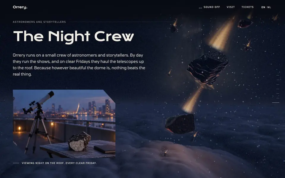 The Night Crew chapter: falling meteorites at night and a photo of a telescope on a roof above the city