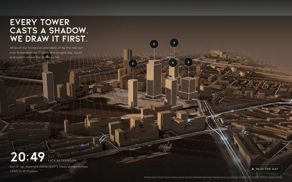 The shadow study: six white towers in a 3D model of Rotterdam, with long shadows in late afternoon light