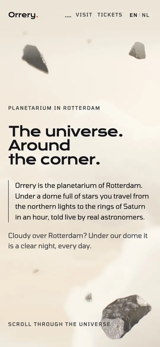 The ORRERY opening on a phone: the headline The universe. Around the corner. between floating stones