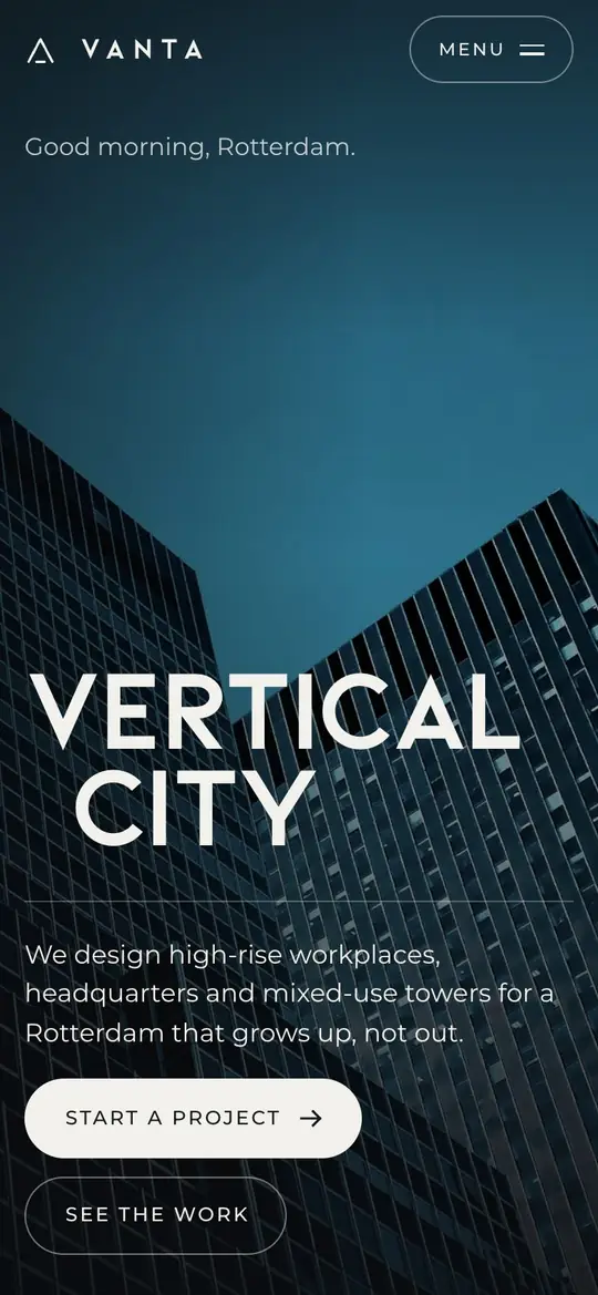 The VANTA opening on a phone: the headline Vertical City over glass towers