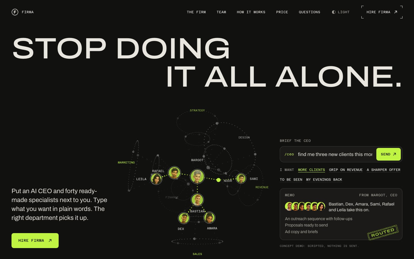 Opening van de FIRMA-website: de kop Stop doing it all alone met een netwerk van gezichten en een briefingveld