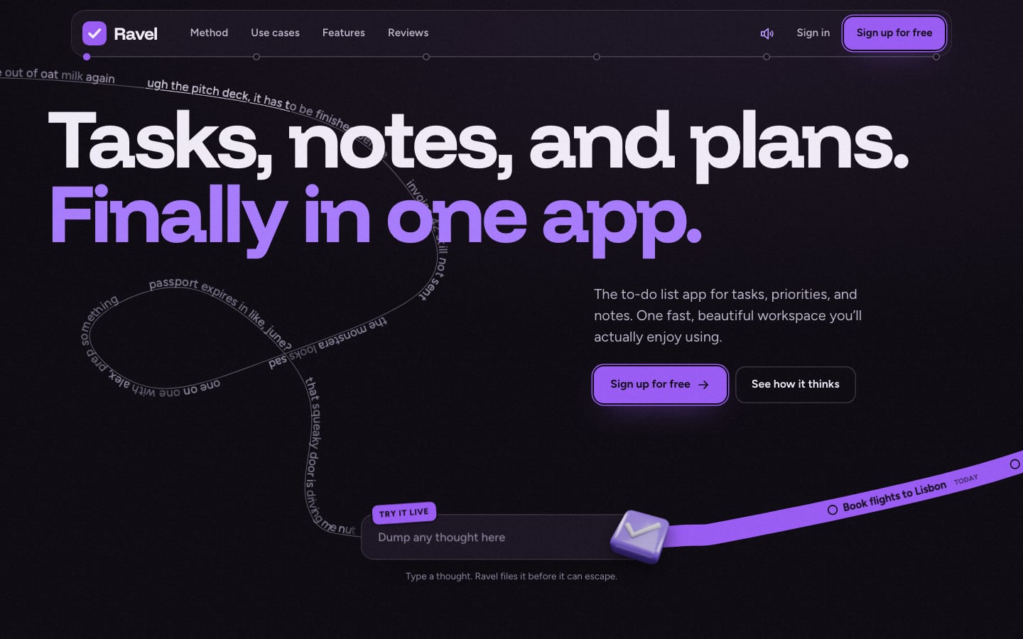 Opening van de RAVEL-website: de kop Tasks, notes, and plans. Finally in one app. met een draad vol losse gedachten
