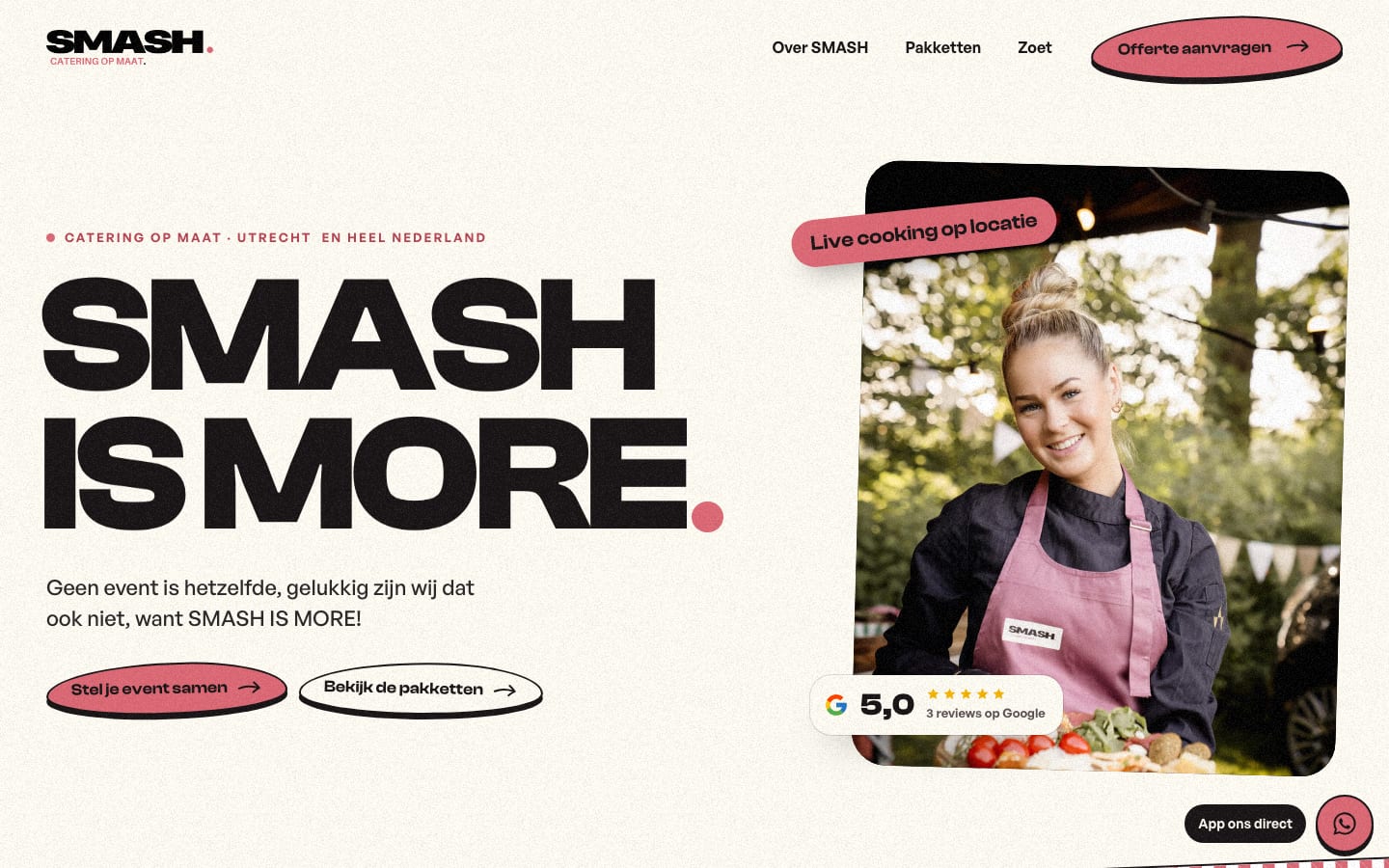 Homepage van de SMASH Catering-website, gebouwd door DTB WEB