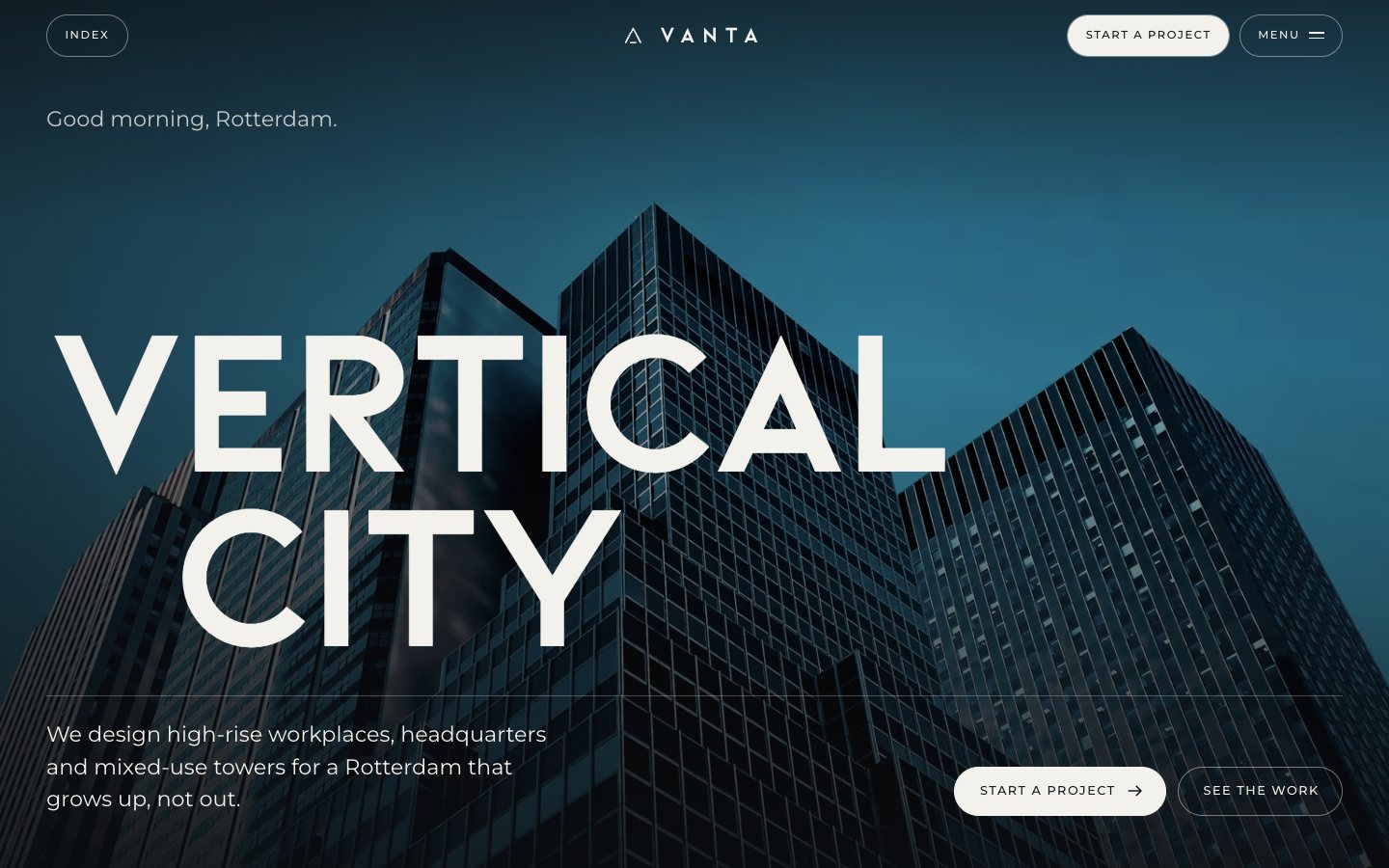 Opening of the VANTA website: glass towers seen from below, under the headline Vertical City